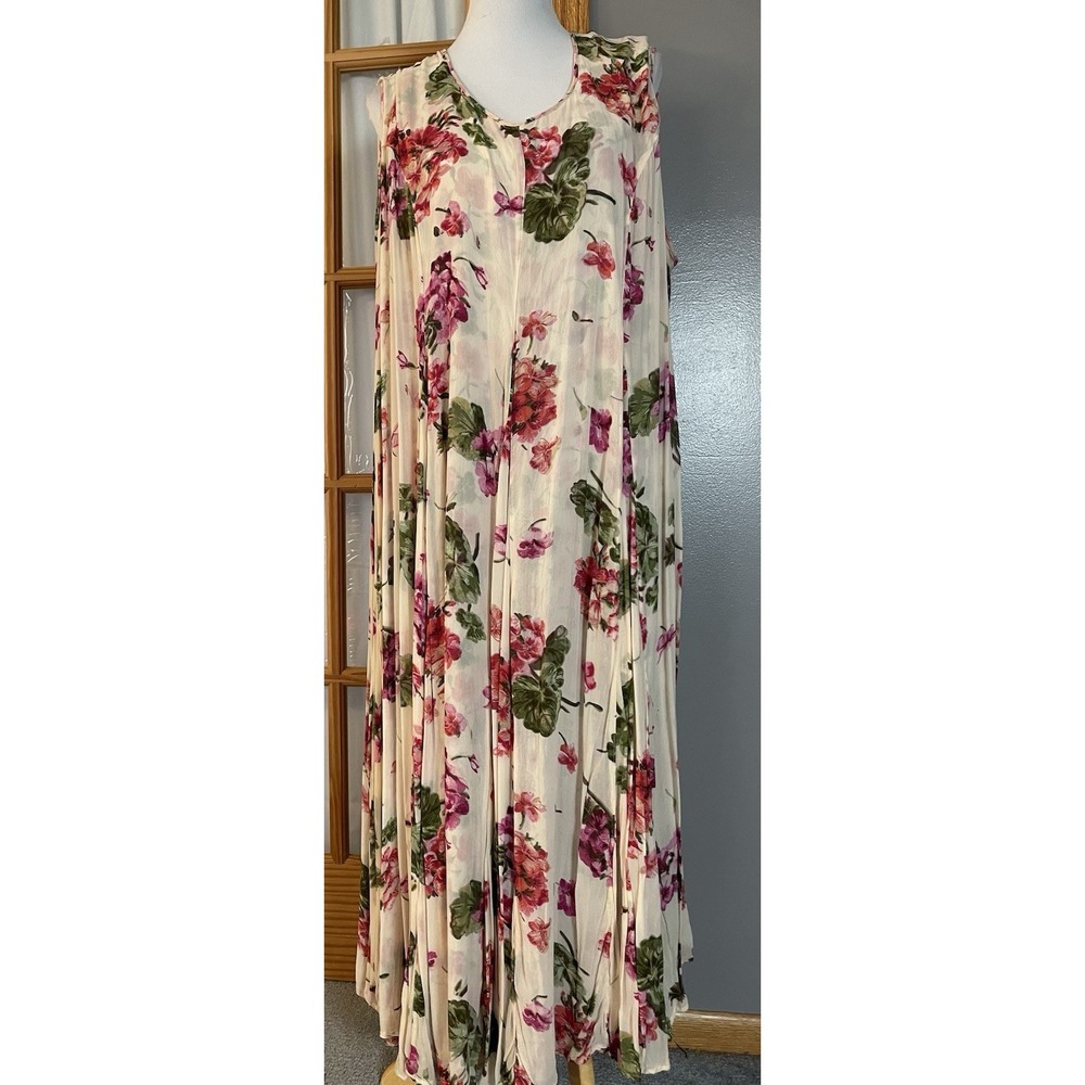 Vtg 80s Olivia Reversible Floral Maxi Dress 1X Pink Beige Rayon Boho Cottagecore - Picture 2 of 12